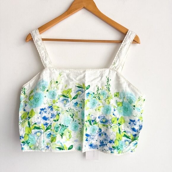 Caroline Constas Linen Floral Blue Green Cropped Top XL - Picture 5 of 7